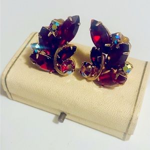 Juliana DB & E 50’s Red Rhinestone & Aurora Borealis Clip-On Earrings